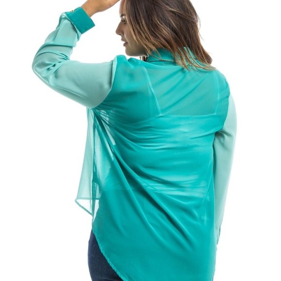 Roman Ladies Sheer Button Shirt Long-Sleeve Color-Block Mint Plus Size 3X  NWT - Picture 2 of 3